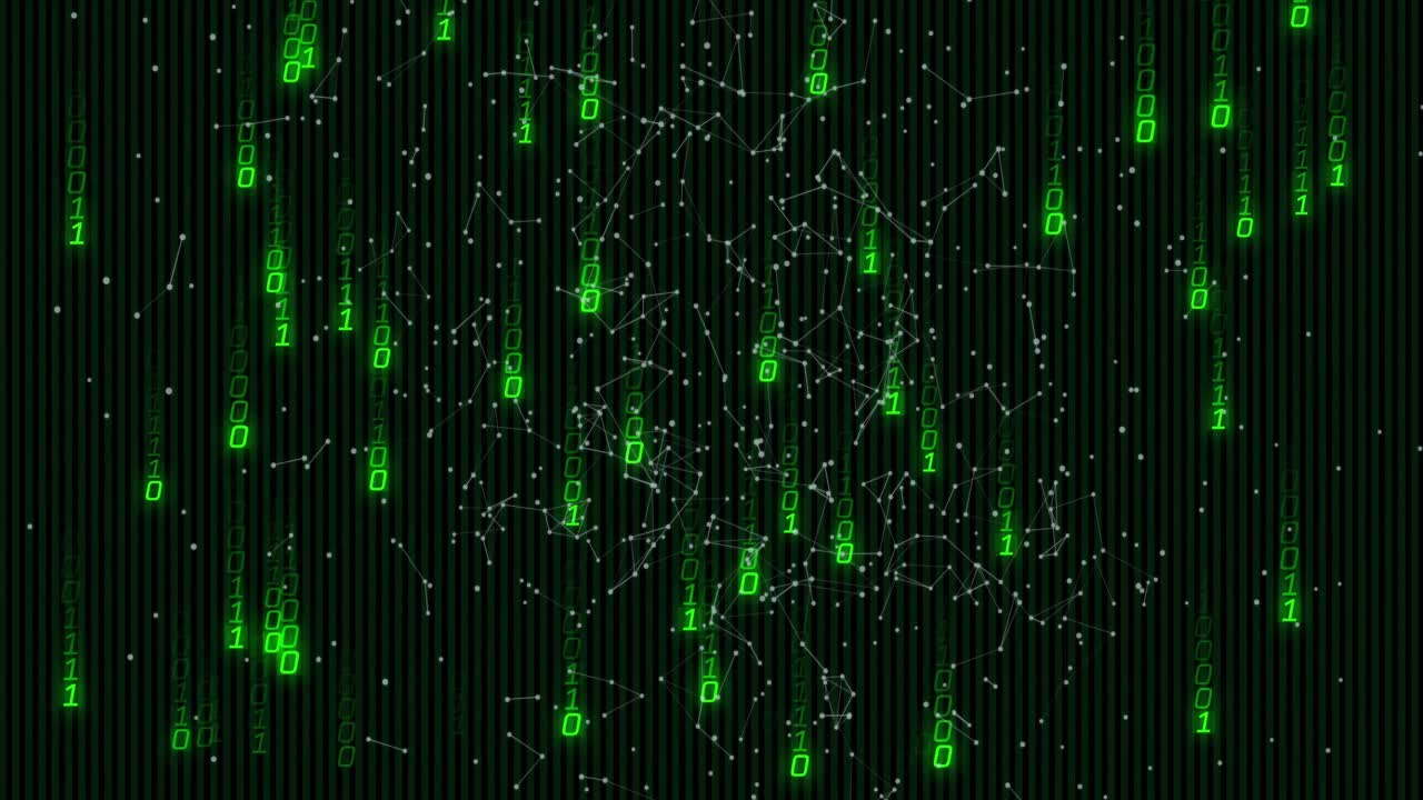 On binary cascade green code flowing as white network pulsing fading splitting nodes showing data