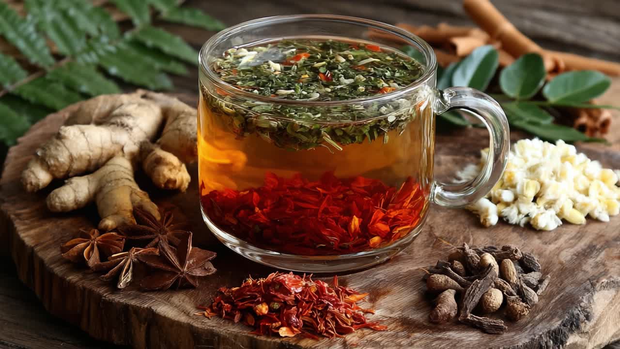Rustik Bir Ahşap Yüzeyde Zengin Bir Bitki ve Baharat Paletiyle Taze Demlenmiş Çayın Manzaralı Bir Sunumu: Aromatik Bitkisel Demleme.