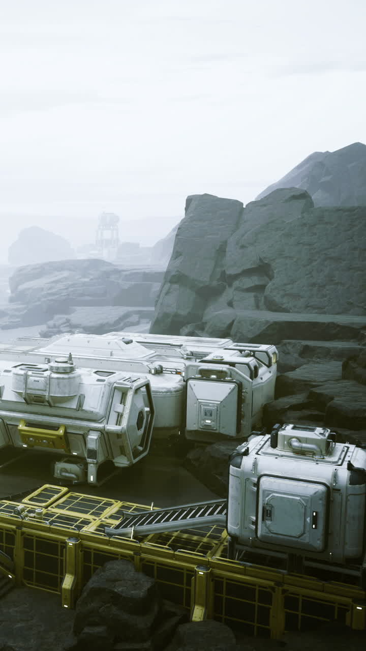 Exploration base set on rocky terrain in a foggy landscape event
