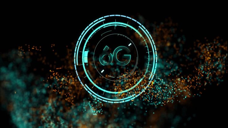 Animazione del testo '6G' su orologio su onda luminescente in movimento