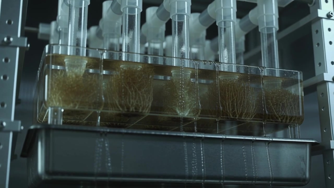Dripping clear columns letting dark liquid into tray at lab, gravity soaking roots into steel pan