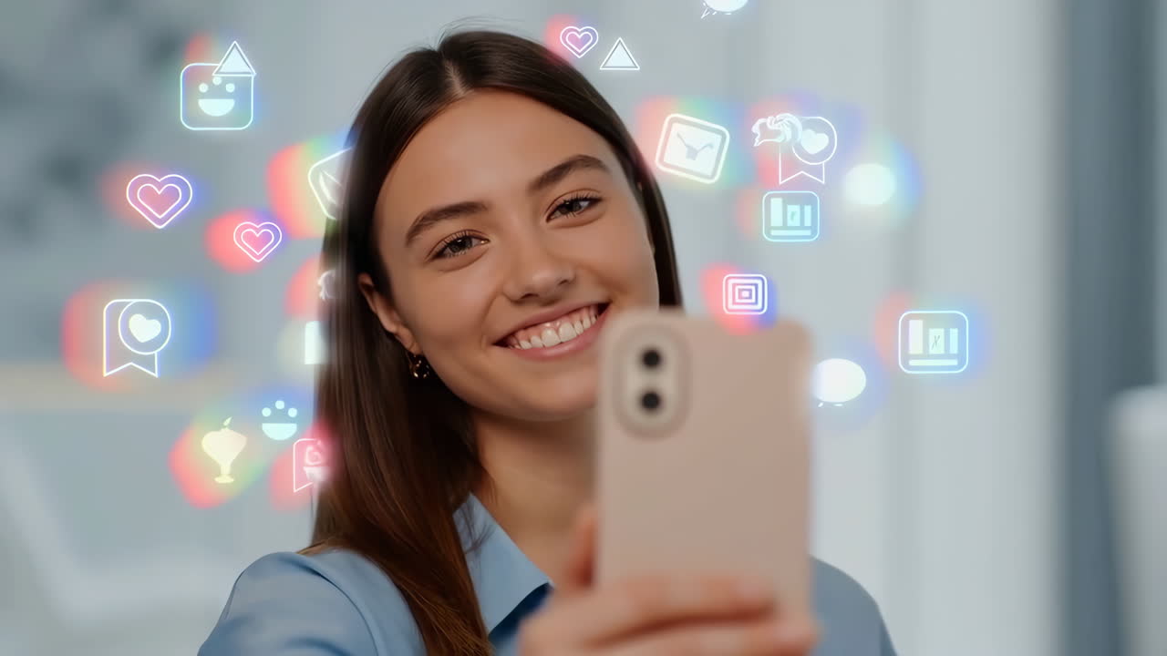 Young Woman Smiling and Interacting with Digital Social Media Icons on Smartphone