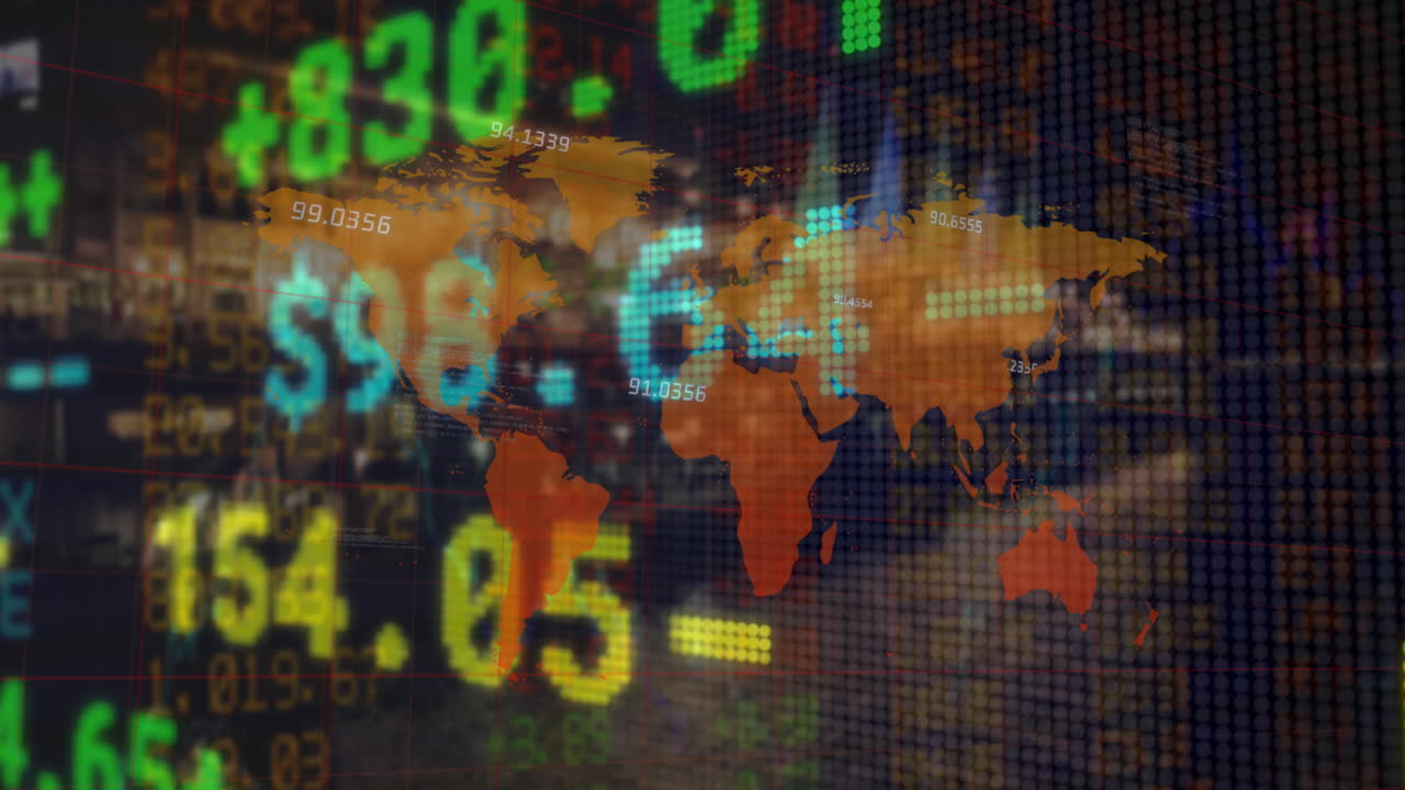 Animation of stock market data processing and numbers floating over world map on grey background