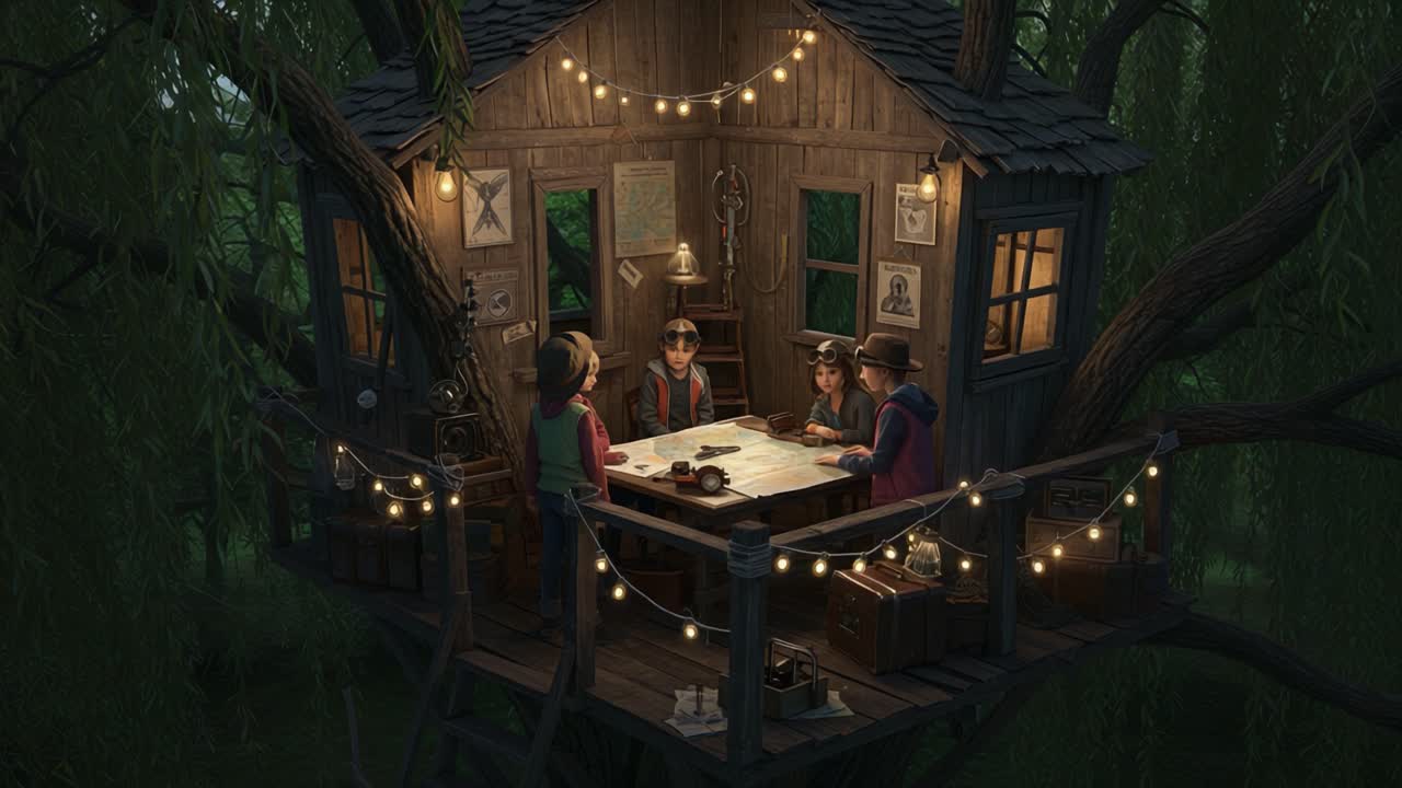 A Gathering of Friends in a Cozy Treehouse: Exploring Creativity and Adventure with Laughter and Shared Stories Beneath a Canopy of Twinkling Lights