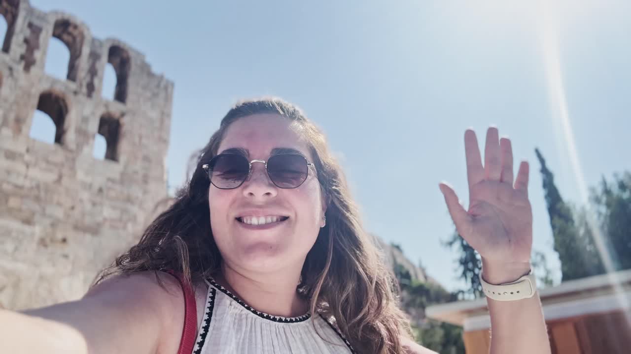 Vlogger Woman Taking a Selfie with Ancient Ruins