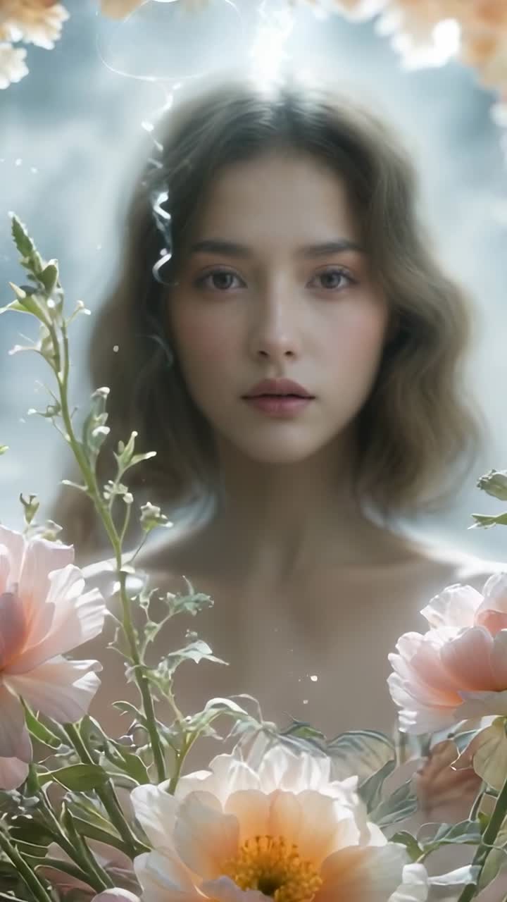 Vertical video: Beginning with soft-focus, camera pulling focus from roses to model face in studio