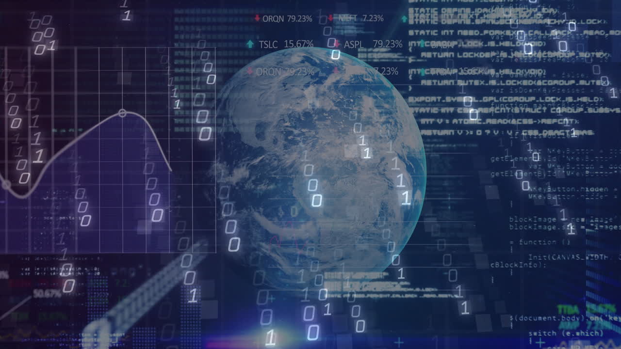 3D Earth globe glowing at center presenting streaming binary digits and scrolling code overlays