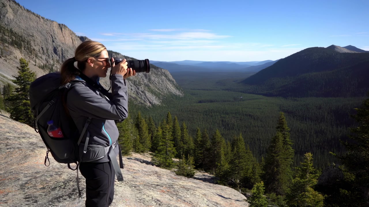 Caucasian Woman Hiking Photographing Mountain Valley Panorama Backpack Photographer With DSLR Camera
