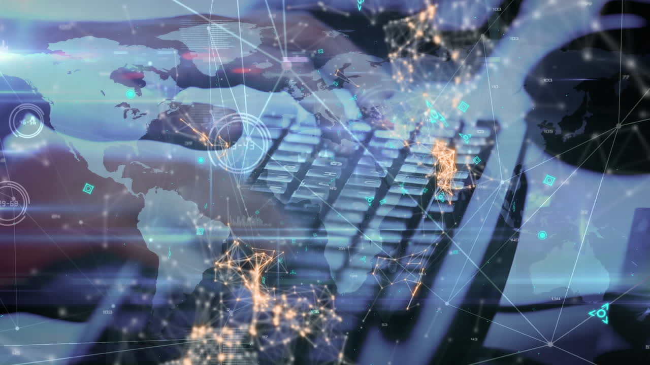 세계 지도와 데이터 처리를 통해 연결 네트워크 컴퓨터를 사용하는 사람의 중간 섹션