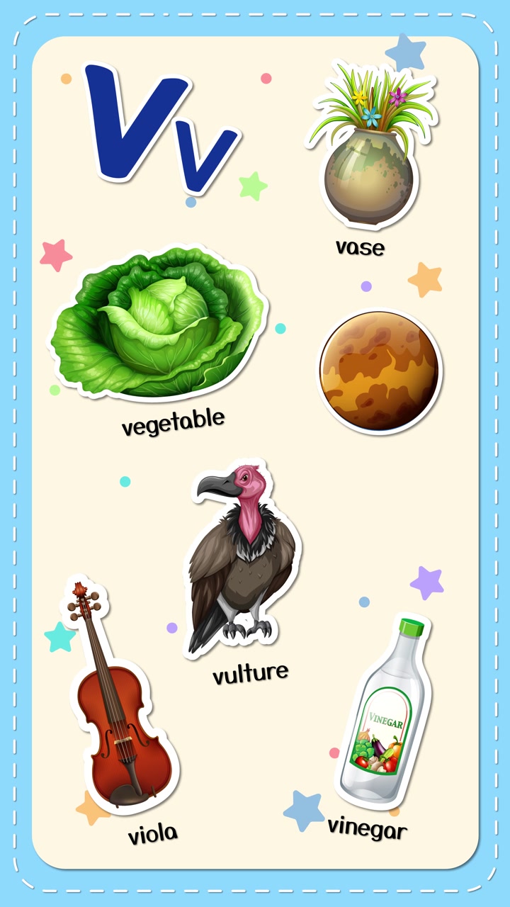 Flashcard verticale animata che mostra la lettera V con illustrazioni di verdura, viola, aceto e avvoltoio che appaiono.