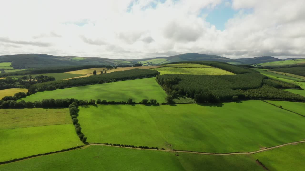 Irish rural landscape, Aughrim, Wicklow August 2020, Drone tracks parralel to farmland and woodland facing West towards at Ballymanus hills
