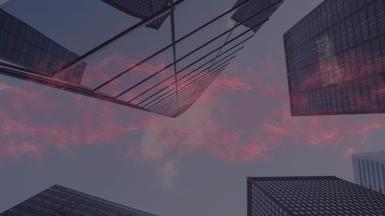 Animação de formas em movimento sobre paisagem urbana.