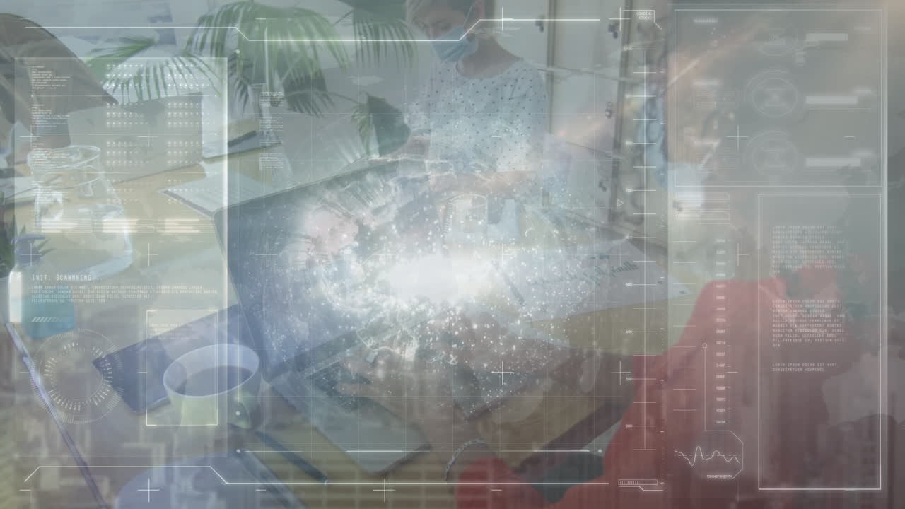 다양한 사업가들이 얼굴 마스크를 착용한 채로 전 세계를 가로질러 디지털 화면을 애니메이션으로 표시합니다.