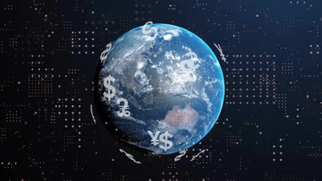 animation of globe with currency symbols over spots on black background