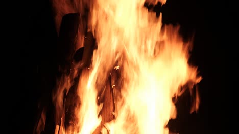 big bonfire burns at night in slow motion on a black background on nature