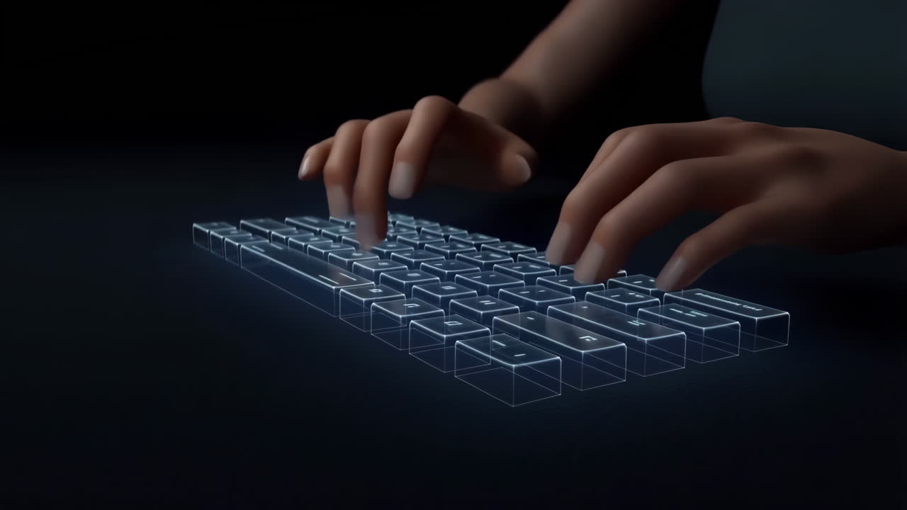 Hands Typing on a Futuristic Holographic Keyboard