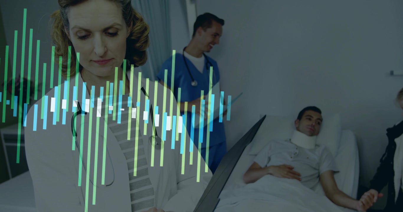 Sovrapposizione audio con forma d'onda pulsante, medico che esamina le note del paziente e infermiera che registra i parametri vitali per un controllo.
