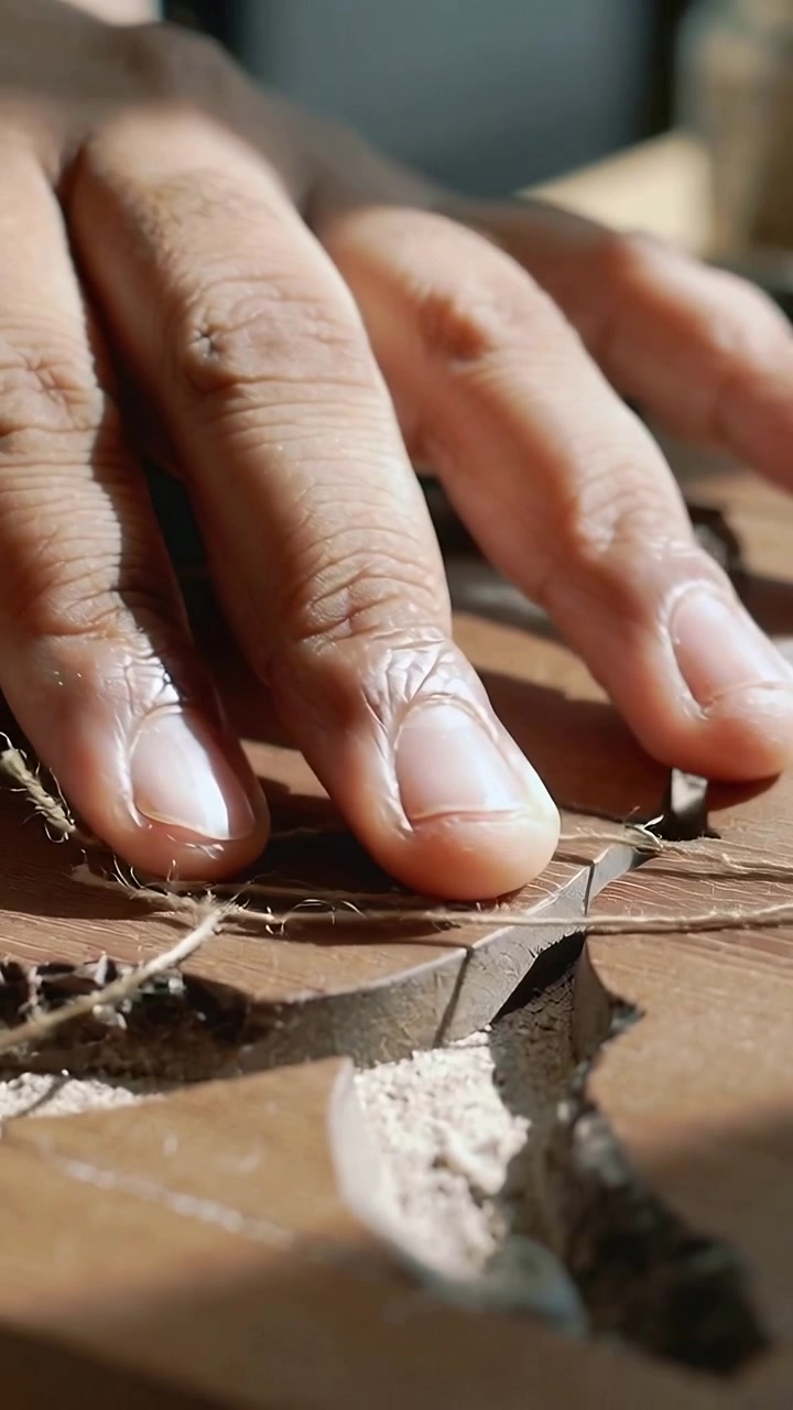 Vertical video: Resting near groove hand lifting twine, tracing carved panel on bench