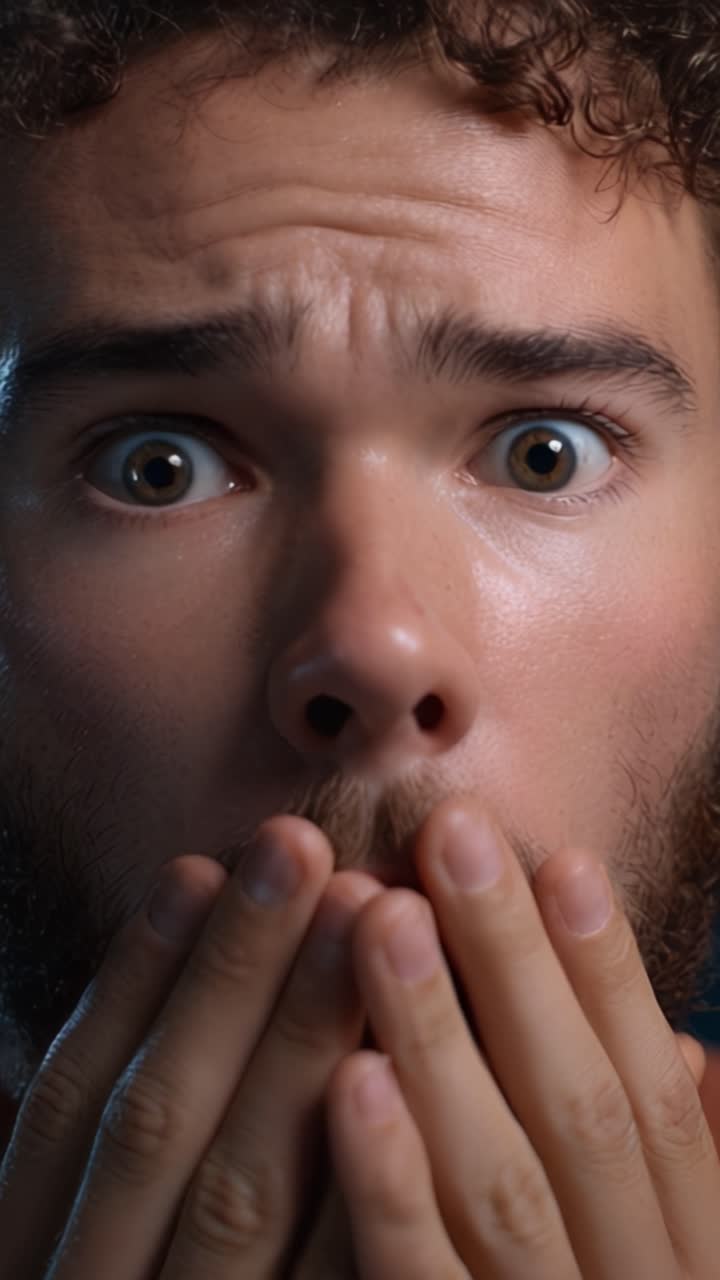 Astonished Man Covering Mouth with Hands in Surprise, Captured from a Video: Emotional Reaction of Shock and Disbelief Expressed in Close-Up Frames