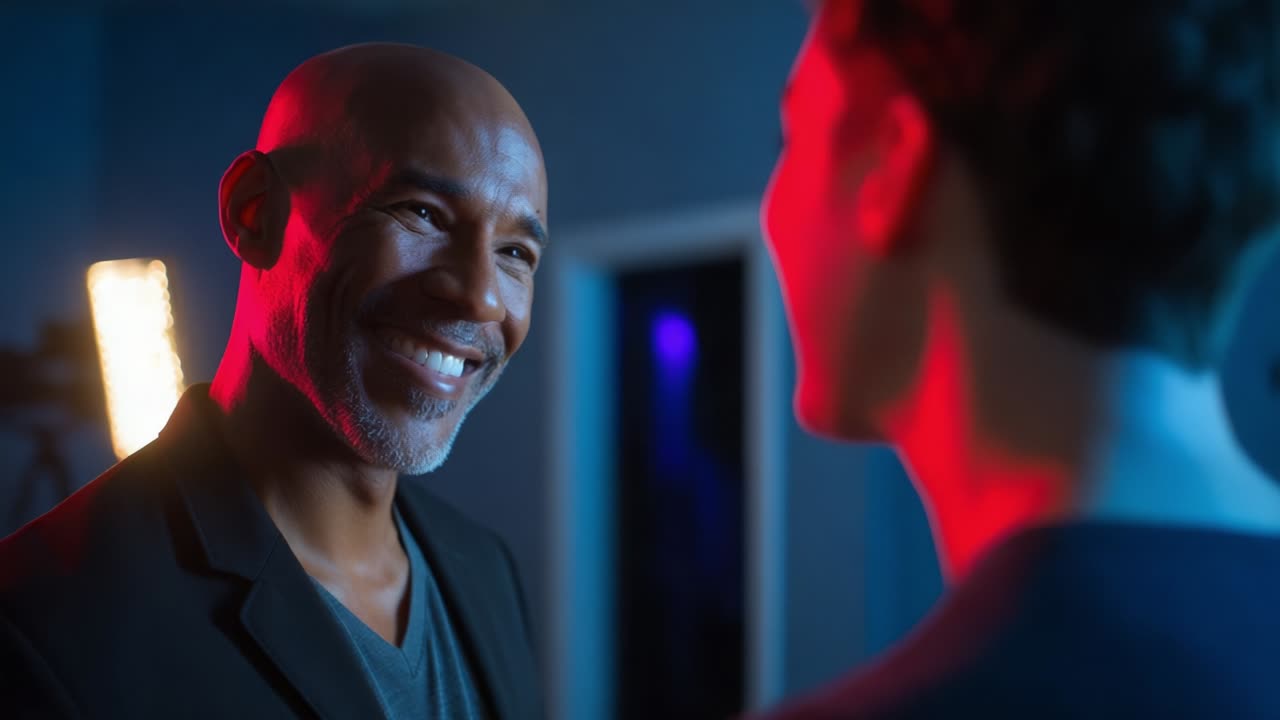 Two men having a discussion under dramatic lighting