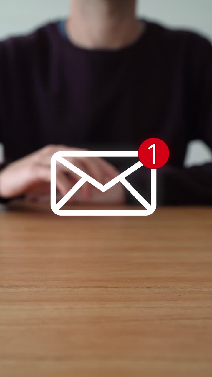 Person Tapping On Digital Mail Icon With 1 Notification Badge, Making The Icon Disappear. Checking Email Concept. vertical shot