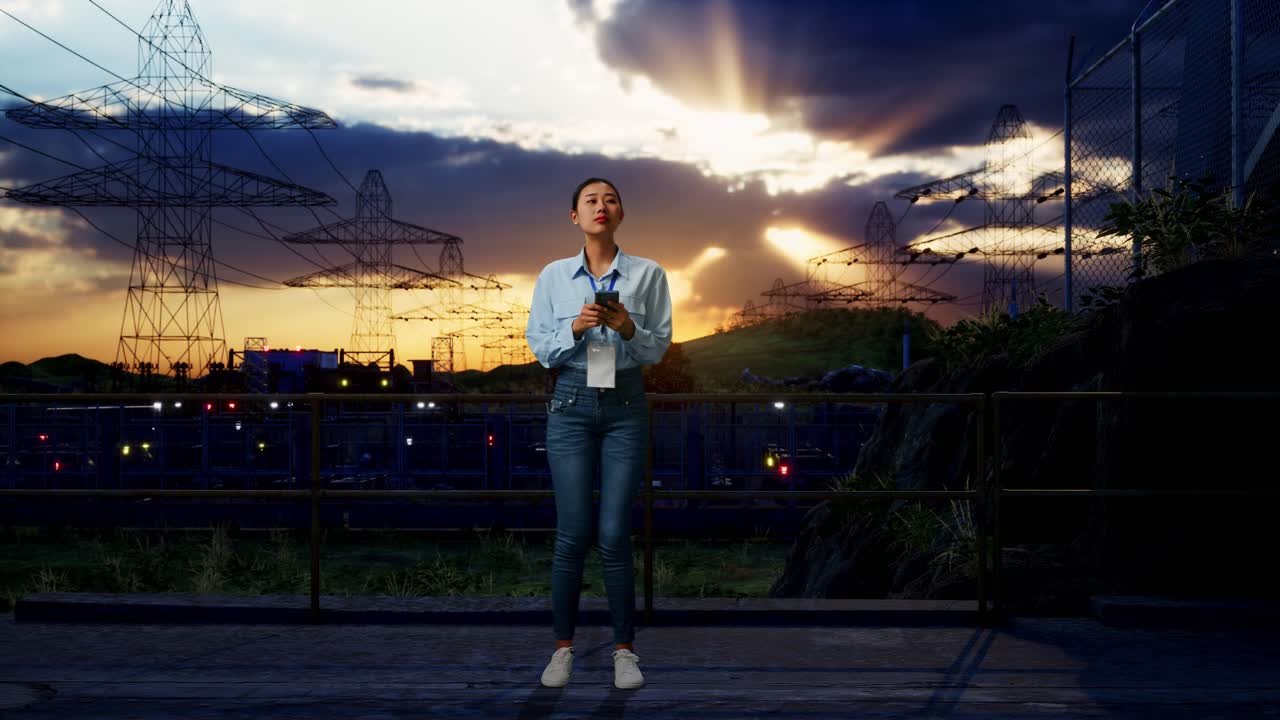 Full Body Of An Asian Female Worker Standing With Her Smarphone Near High Voltage Tower, Industrial Facility, She Observes By Looking Around Before She Come To Concentrating With Her Smarphone