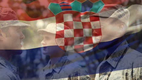 animation of flag of croatia over diverse male soldiers