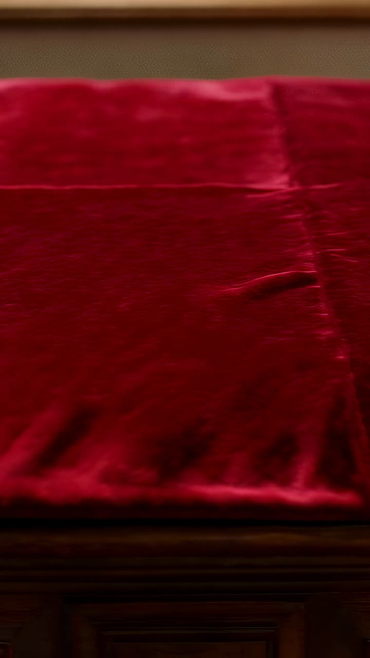Vertical video: Light shifting, red velvet cushion revealing subtle folds and seam on wooden bench