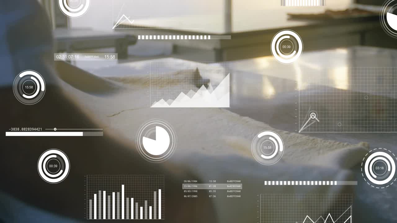Dough touching metal table, worker smoothing and aligning sheet for baking while graphic overlays