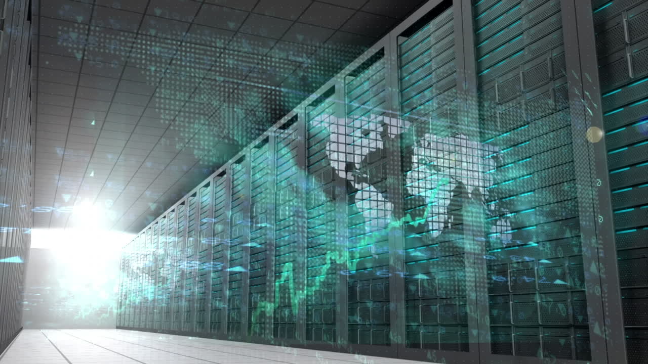 Animation of data processing and world map over server room