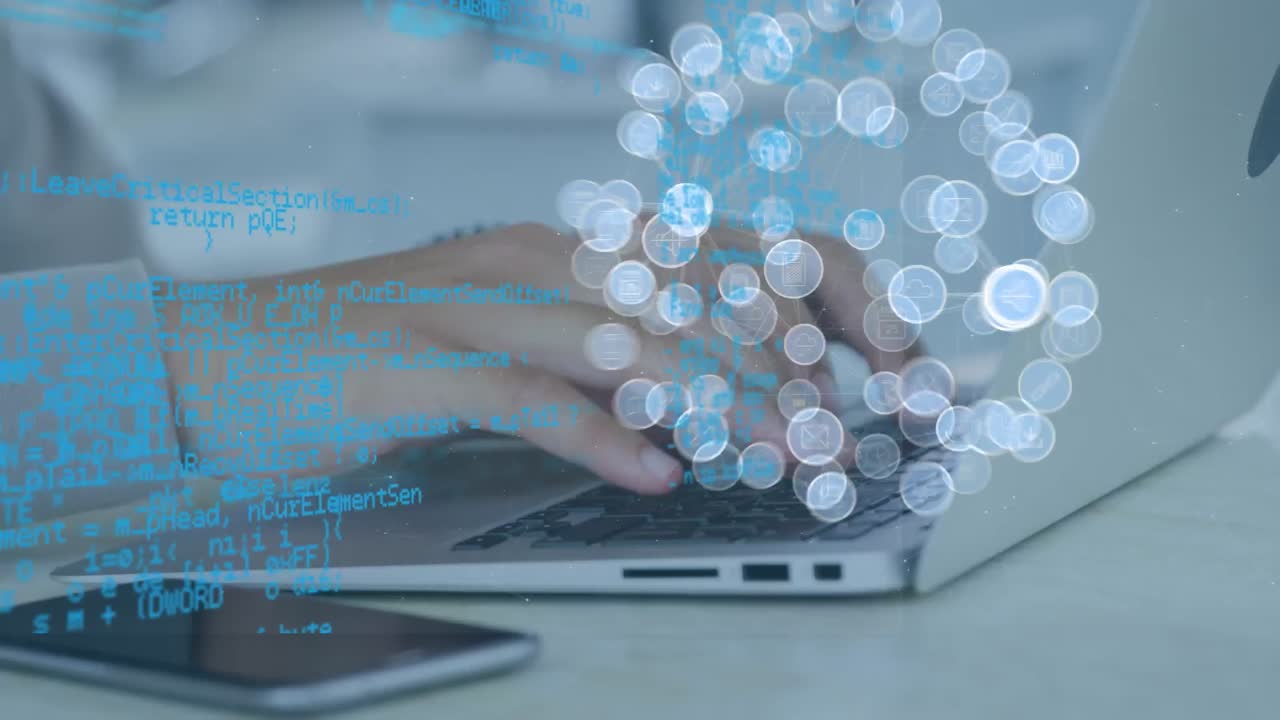 Animation of network of connections with globe over caucasian man using laptop