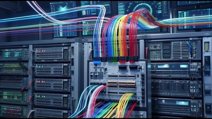 Data Center Server Racks with Glowing Fiber Optic Cables