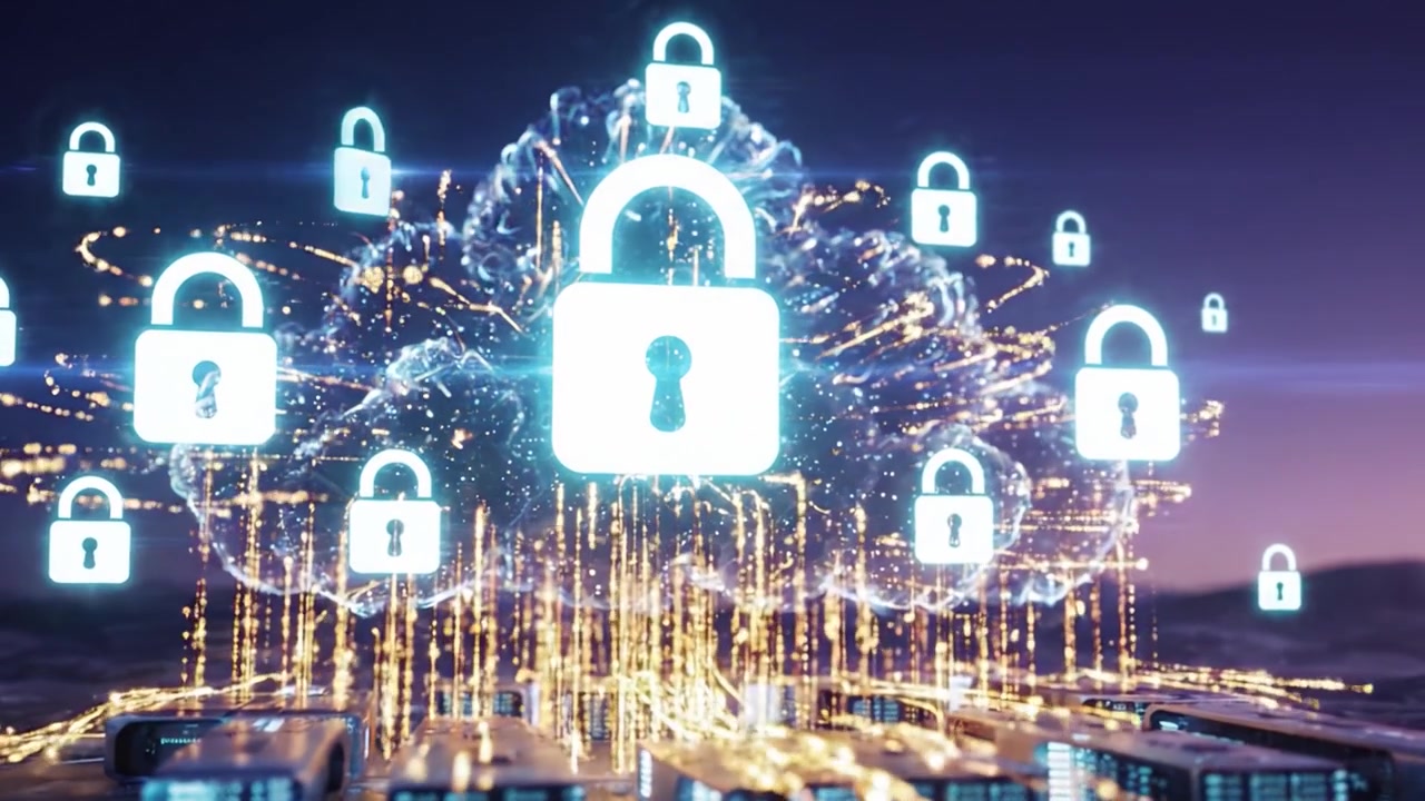 A Futuristic Depiction of Secure Cloud Computing with Advanced Data Servers and Encryption Symbols in a Vibrant Tech-Inspired Landscape