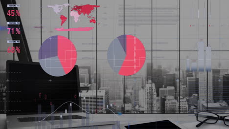 Animación-De-Datos-Financieros-Y-Gráficos-Sobre-Un-Escritorio-De-Oficina-Con-Una-Computadora-Portátil-Y-Documentos