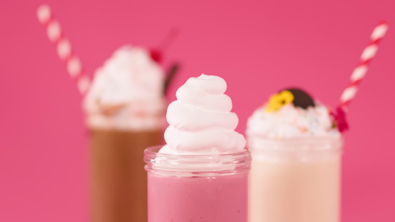 Una mano posiziona una fragola fresca su un milkshake con panna montata, sfondo rosa vivace, illuminazione brillante da studio