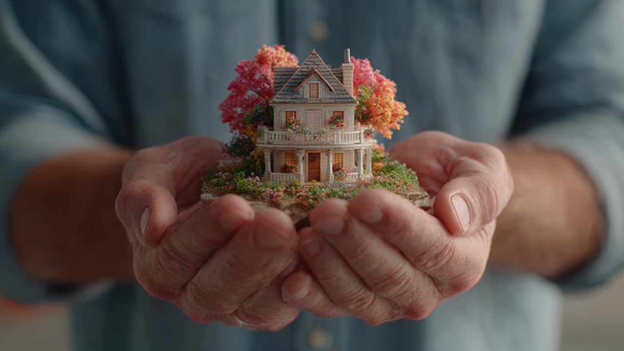 Una delicata casa in miniatura fatta a mano, circondata da un vivace fogliame autunnale, che evoca temi di casa, cura e artigianato artistico in un ambiente intimo e incantevole