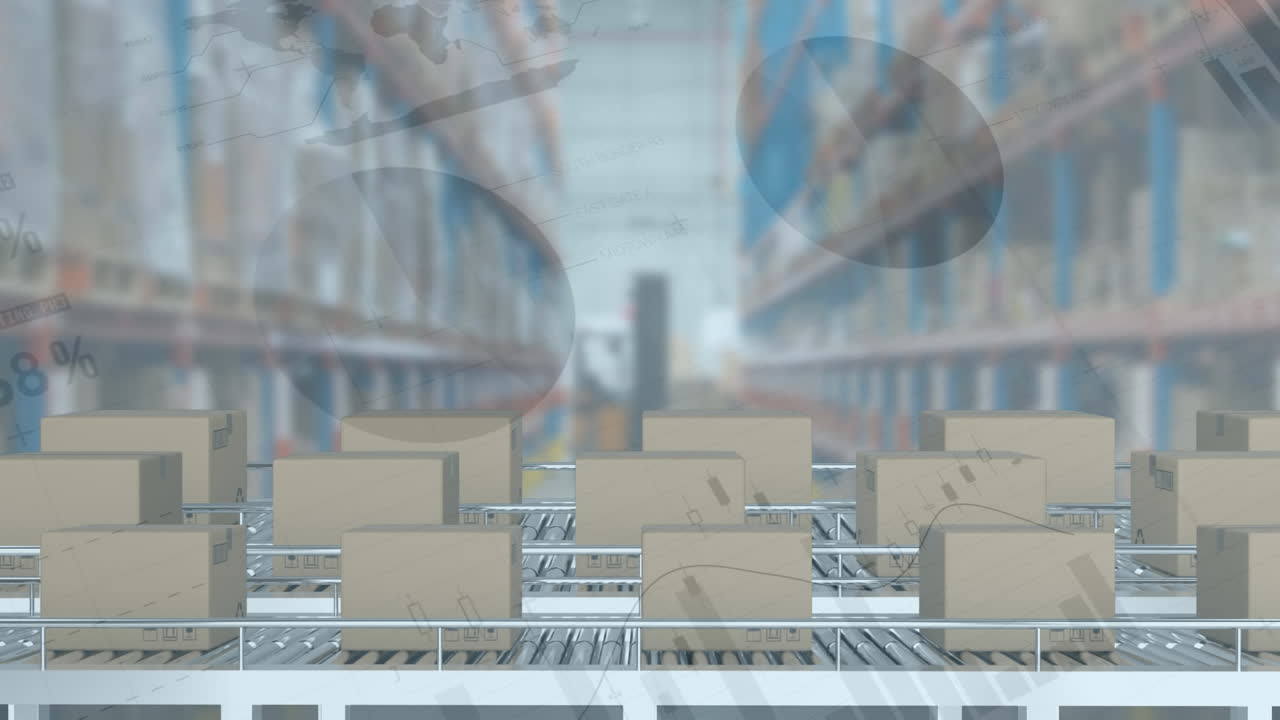 анимация обработки данных над коробками на конвейерных лентах на складе