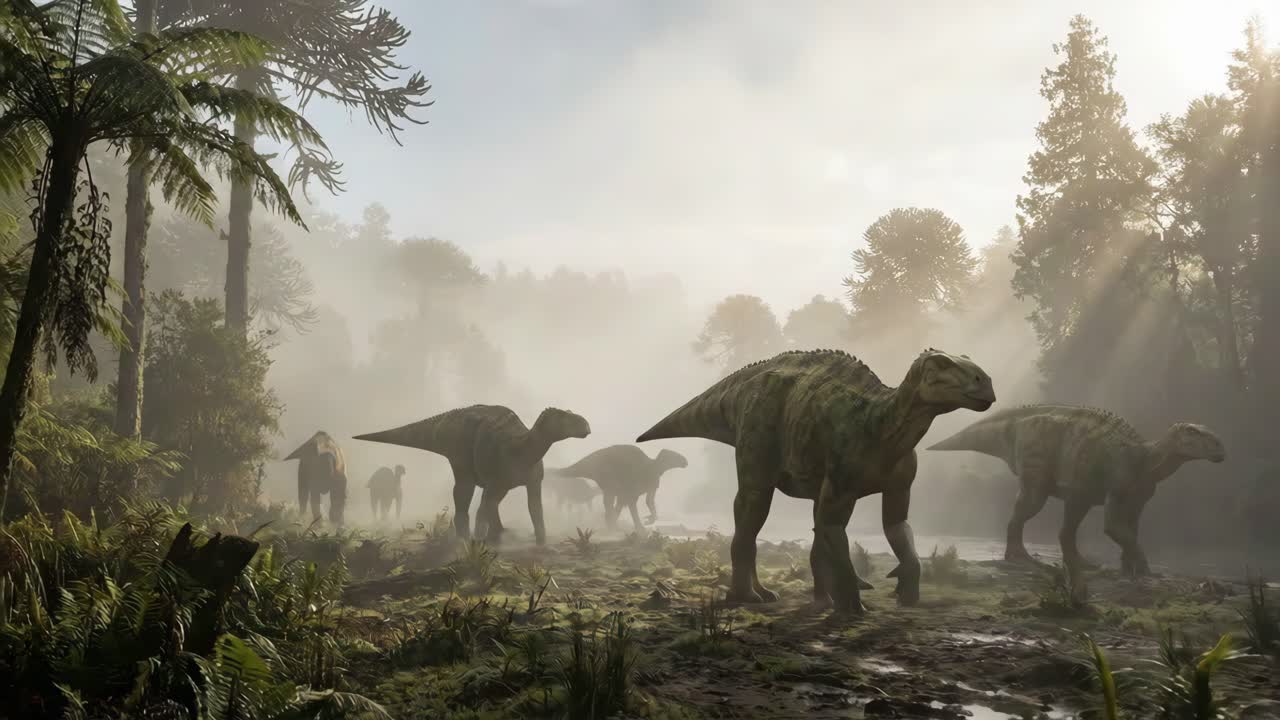 Un branco di dinosauri in una foresta nebbiosa