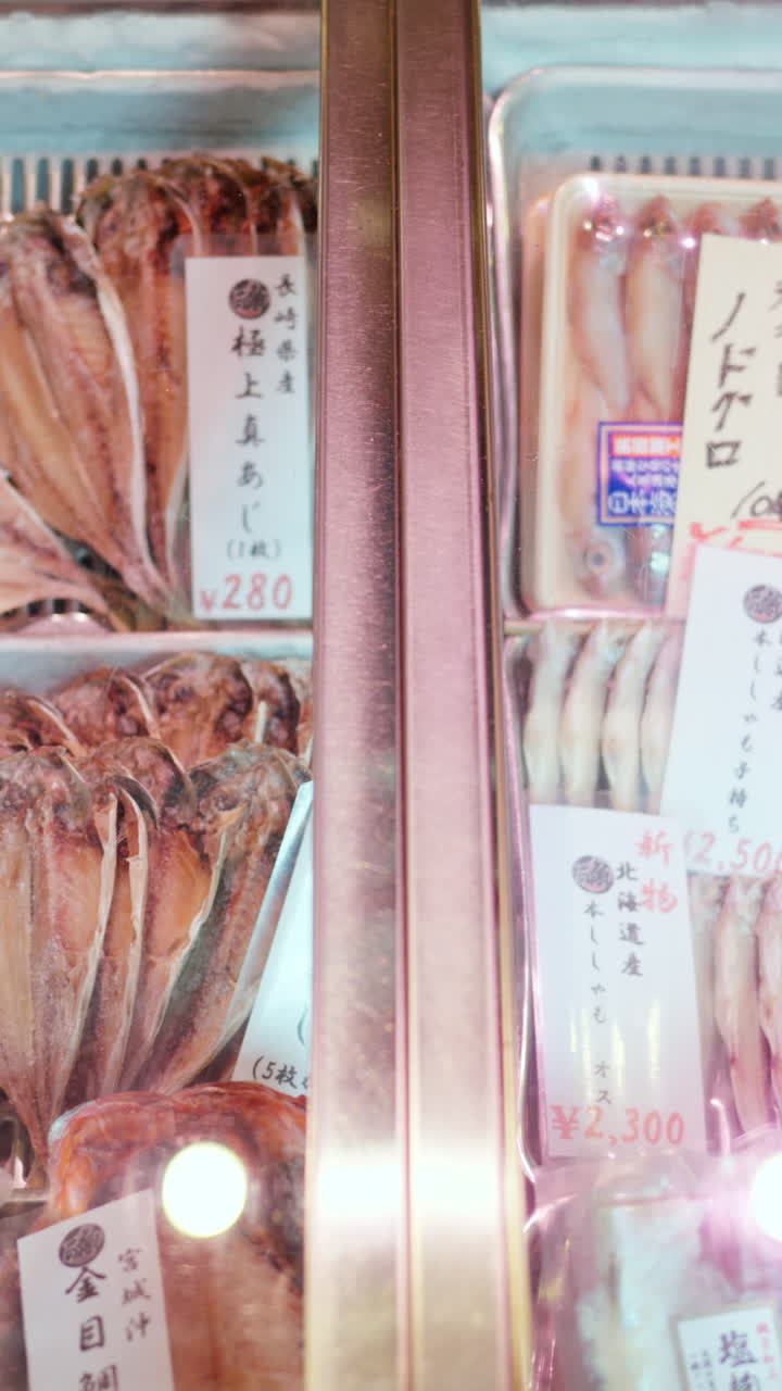 Close up of frozen fish for sale at the Tsukiji Fish Market in Japan. Vertical. Translation: "Fish types"