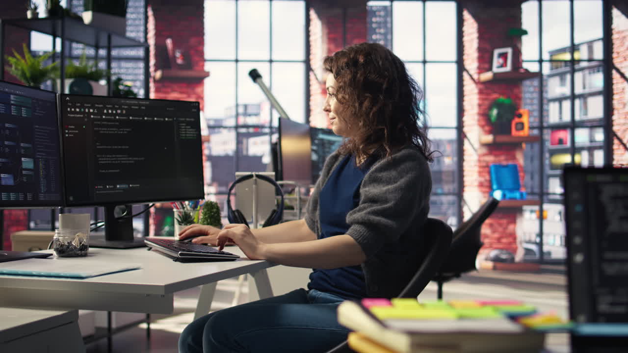 Software developer at agency office coding on her computer,