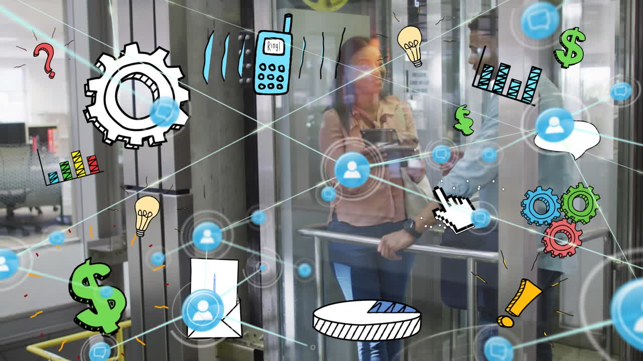 엘리베이터에서 다양한 사업가들과의 아이콘과의 연결의 애니메이션