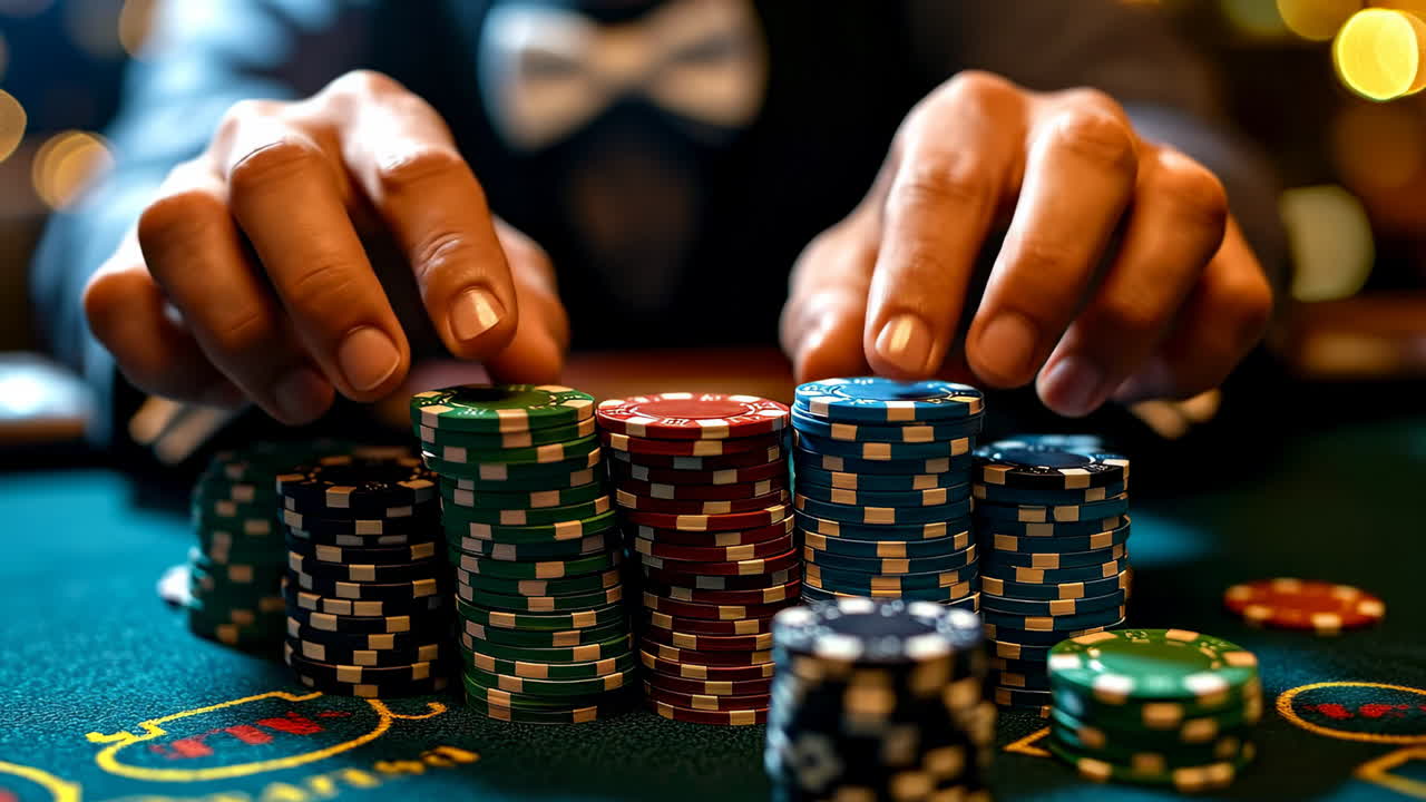 Thrilling casino poker moments. Players focus on stacking colorful poker chips during a thrilling late-night game in a vibrant casino setting