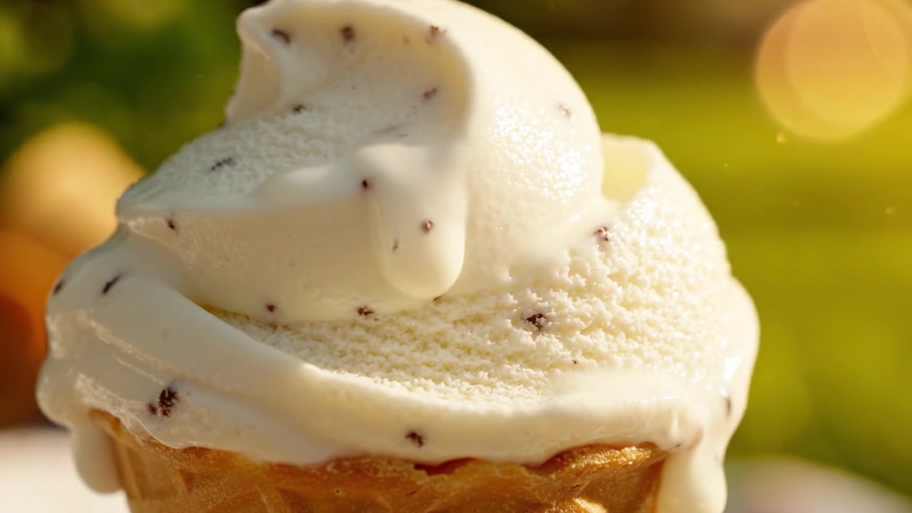 Casquinha de Sorvete Cremoso com Pedaços de Chocolate, Exibindo Deliciosas Espirais ao Sol, Perfeita para um Doce Refrescante em um Dia Quente