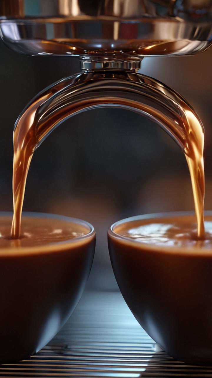 Caffè appena fatto che si versa in due tazze marroni da un'elegante macchina da caffè espresso, evidenziando il ricco aroma e le tonalità calde della bevanda.