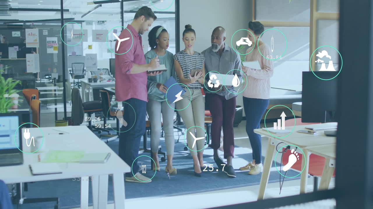 Animation of eco icons and data processing over diverse business people in office