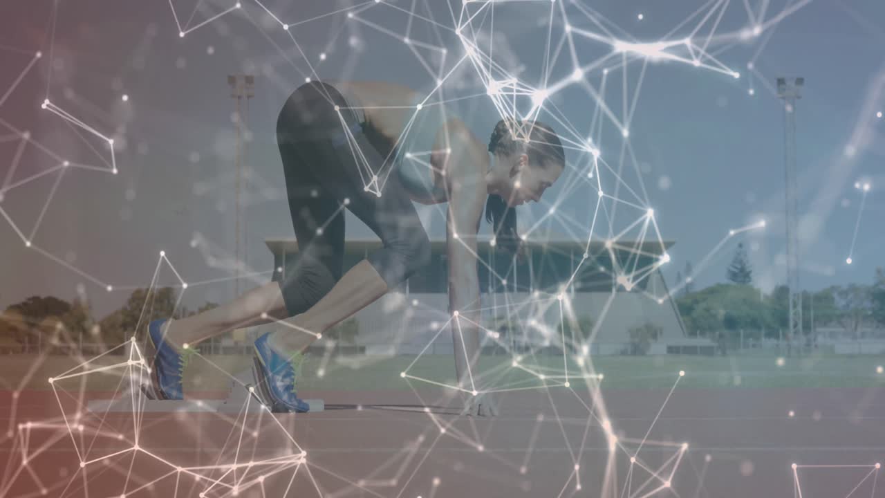 animación de formas geométricas sobre una mujer caucásica preparándose para comenzar