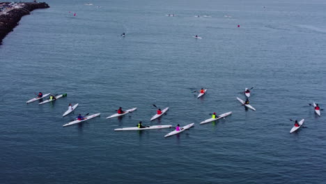 aerial shot over surf ski race in gran canaria, spain