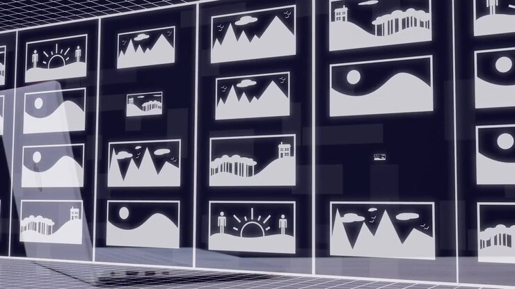 Panel wall shifting as falling binary digits forming framed thumbnails, laptop showing gallery