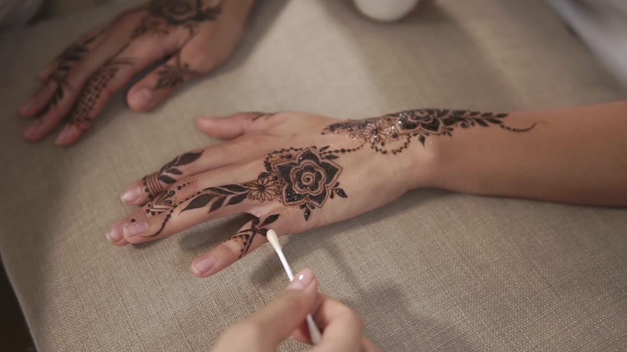 Applicazione del tatuaggio all'henné sulla mano