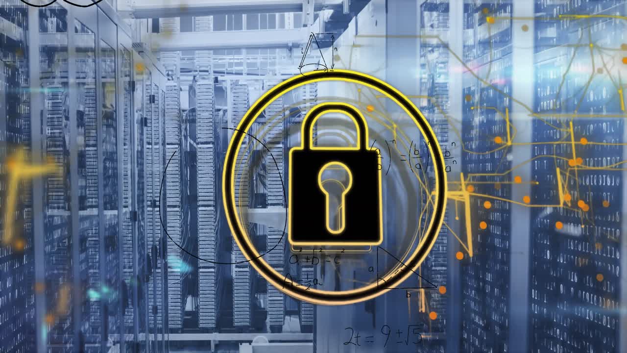 Animation of security padlock icon, yellow light trails, mathematical equations against server room